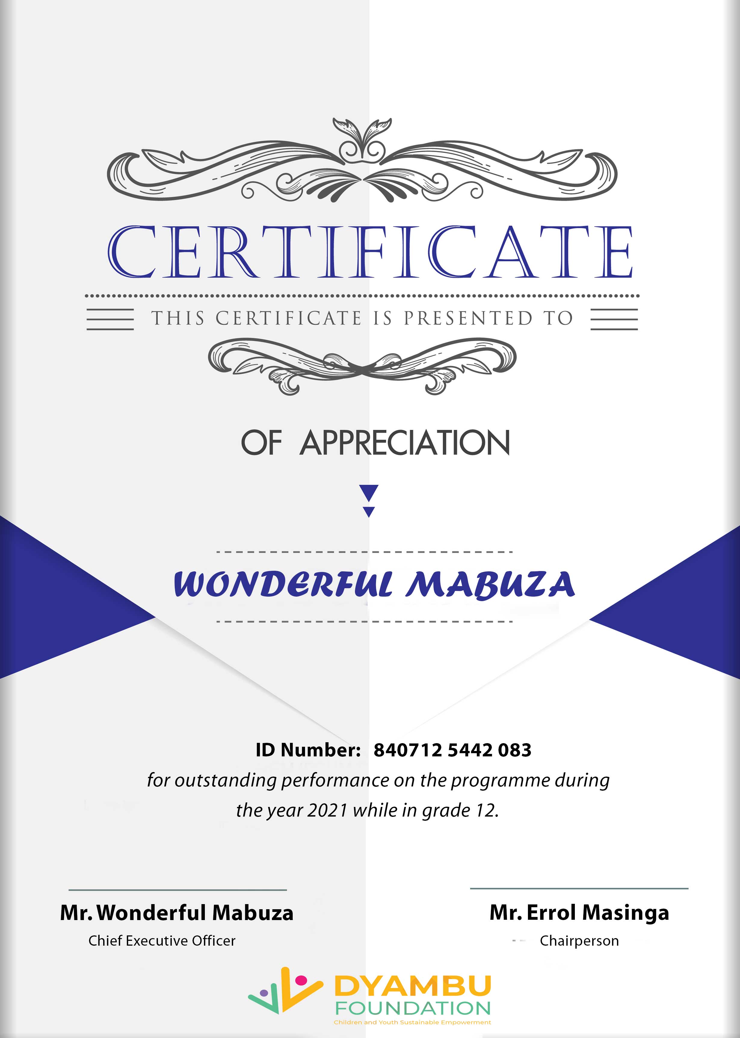 Dyambu Foundation Certificate Design